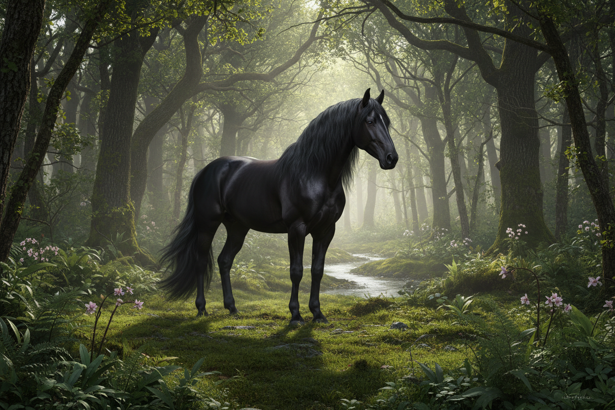 Black horse in a forest environment