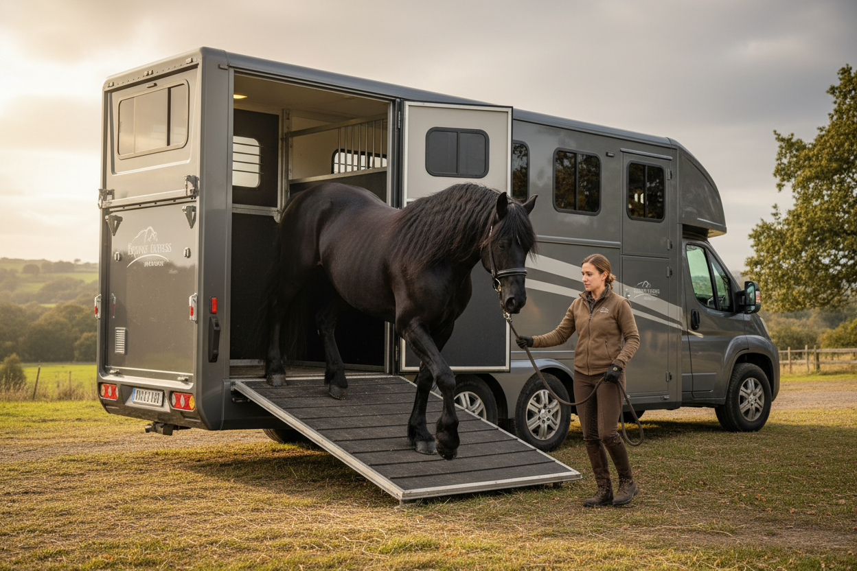Create an image of a black horse being loaded on a horse box